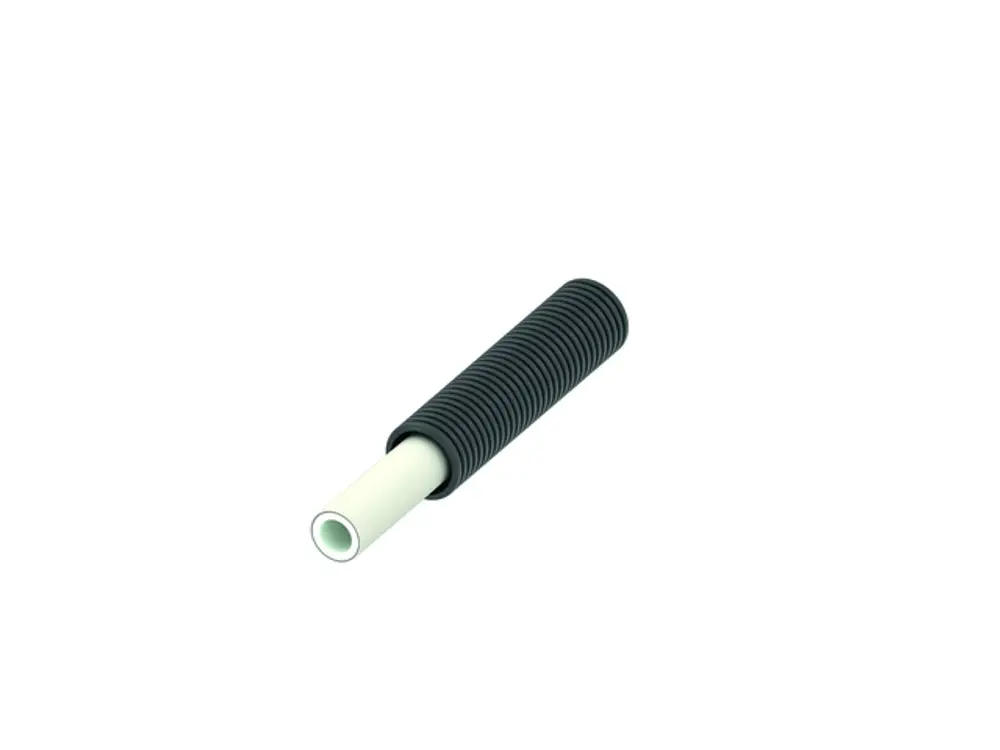 TECEflex Rohr mit Wellenschutz, bestehend aus mehreren Schichten, in Schwarz. Das Produkt zeigt eine runde, weiße Innenfläche und einen gewellten äußeren Schutz.